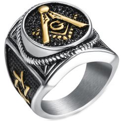 **COI Titanium Black Gold Tone Silver Masonic Freemason Ring-8400BB