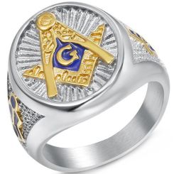 **COI Titanium Gold Tone Blue Silver Masonic Freemason Ring-8434BB