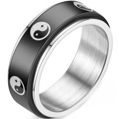 **COI Titanium Black Silver Ying Yang Step Edges Ring-8467BB