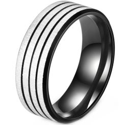 **COI Titanium Black Silver Triple Grooves Sandblasted Ring-8542BB
