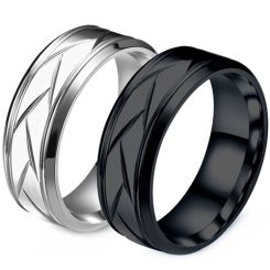 **COI Titanium Black/Silver Diagonal Grooves Step Edges Ring-8552BB