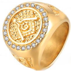 **COI Gold Tone Titanium Masonic Freemason Ring With Cubic Zirconia-8567BB