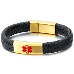 COI Titanium Gold Tone/Silver Medical Alert Bracelet With Black Leather & Steel Clasp(Length: 8.66 inches)-8586BB
