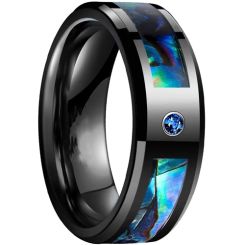 **COI Black Titanium Abalone Shell Beveled Edges Ring With Created Blue Sapphire-8623BB