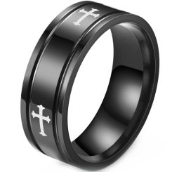 **COI Black Titanium Double Grooves Ring With Cross-8632BB