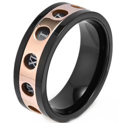 **COI Titanium Black Rose/Silver Ring With Roman Numerals-8646BB