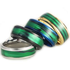 **COI Titanium Black/Gold Tone/Silver/Blue Beveled Edges Ring With Green Wood-8655BB