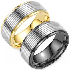 **COI Titanium Black/Gold Tone Silver Grooves Step Edges Ring-8657BB