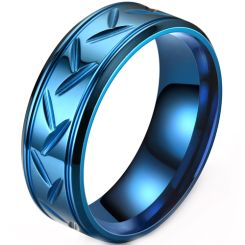 **COI Titanium Black/Silver/Blue Grooves Step Edges Ring-8664BB