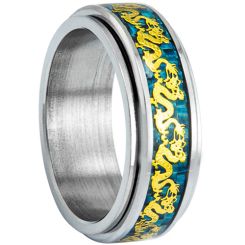 **COI Titanium Gold Tone/Silver Dragon Beveled Edges Ring With Carbon Fiber-8676BB