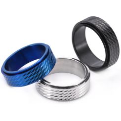 **COI Titanium Black/Silver/Blue Faceted Step Edges Ring-8682BB