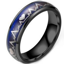 **COI Black Titanium Heartbeat & Heart Beveled Edges Ring-8690BB