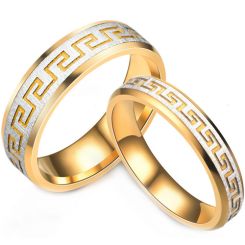**COI Titanium Gold Tone Silver Greek Key Pattern Beveled Edges Ring-8691BB