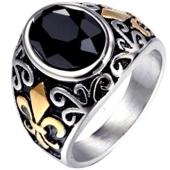 **COI Titanium Black Gold Tone/Silver Fleur De Lis Ring With Black Onyx-8699BB