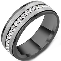 **COI Titanium Black Silver Step Edges Ring With Cubic Zirconia-8717BB