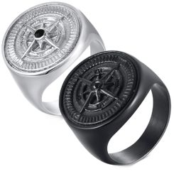 **COI Titanium Black/Silver Campass Ring With Cubic Zirconia-8757BB