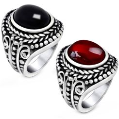 **COI Titanium Black Silver Ring With Black Onyx/Created Red Ruby Cabochon-8768BB