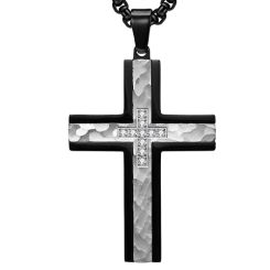 **COI Titanium Black Rose/Silver Cross Pendant With Cubic Zirconia-8780BB