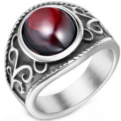 **COI Titanium Black Silver Celtic Ring With Created Red Ruby Cabochon-8803BB
