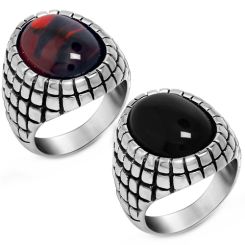**COI Titanium Black Silver Ring With Black Onyx or Created Red Ruby Cabochon-8805BB