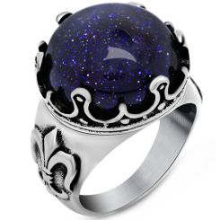 **COI Titanium Black Silver Fleur De lis Ring With Created Blue Sapphire Cabochon-8809BB