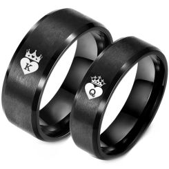 **COI Black Titanium King Queen Crown & Heart Beveled Edges Ring-8821BB