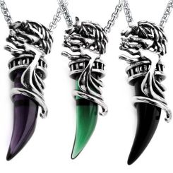 **COI Titanium Black Silver Wolf Pendant With Black Onyx/Amethyst/Created Green Emerald-8828BB