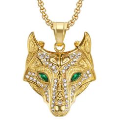**COI Gold Tone Titanium Wolf Pendant With Created Green Emerald-8846BB