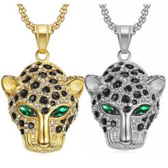 **COI Titanium Black Gold Tone/Silver Leopard Pendant With Created Green Emerald-8849BB
