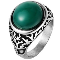 **COI Titanium Black Silver Life Tree Ring With Created Green Emerald/Black Onyx Cabochon-8906BB