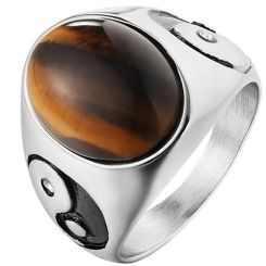 **COI Titanium Black Gold Tone/Silver Ying Yang Ring With Tiger Eye-8909BB