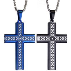 **COI Titanium Black/Blue/Gold Tone Silver Cross Pendant With Cubic Zirconia-8919BB