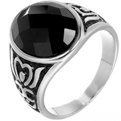 **COI Titanium Black Silver Heart Celtic Ring With Black Onyx-8965BB