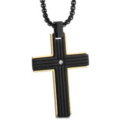 **COI Titanium Black Gold Tone Cross Pendant With Cubic Zirconia-8970BB