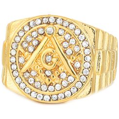 **COI Gold Tone Titanium Masonic Freemason Ring With Cubic Zirconia-8974BB