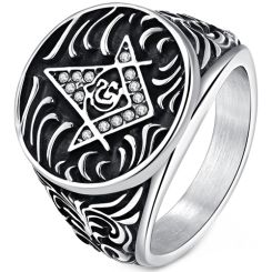 **COI Titanium Black Gold Tone/Silver/Black Masonic Freemason Ring With Cubic Zirconia-8976BB