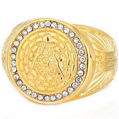 **COI Gold Tone Titanium Masonic Freemason Ring With Cubic Zirconia-8977BB