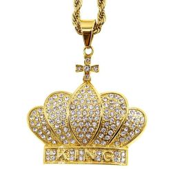 **COI Gold Tone Titanium King Crown & Cross Pendant With Cubic Zirconia-8986BB