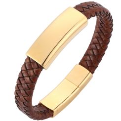 **COI Gold Tone Titanium Brown Genuine Leather Bracelet With Steel Clasp(Length: 8.07 inches)-9003BB
