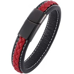 **COI Black Titanium Black Red Genuine Leather Bracelet With Steel Clasp(Length: 8.07 inches)-9006BB