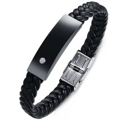 **COI Black Titanium Genuine Leather & Cubic Zirconia Bracelet With Steel Clasp(Length: 8.46 inches)-9054BB