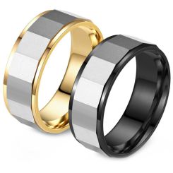 **COI Titanium Black/Gold Tone Silver Faceted Step Edges Ring-9059BB