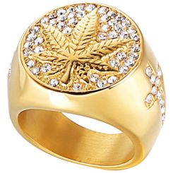 **COI Gold Tone Titanium Maple Leaf & Cross Ring With Cubic Zirconia-9086BB