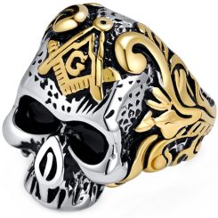 **COI Titanium Black Gold Tone/Silver Skull Masonic Freemason Ring-9092BB