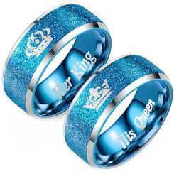 **COI Titanium Blue Silver King Queen Crown Sandblasted Beveled Edges Ring-9100BB