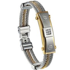 **COI Titanium Gold Tone Silver Screw & Wire Cubic Zirconia Bracelet With Steel Clasp(Length: 8.27 inches)-9104BB