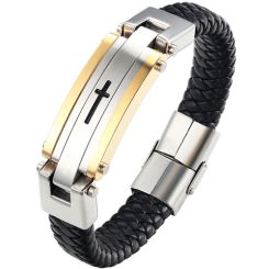 **COI Titanium Black Gold Tone Silver/Black Silver Cross Genuine Leather Bracelet With Steel Clasp(Length: 8.27 inches)-9105BB