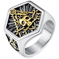 **COI Titanium Black Gold Tone Silver/Black Silver Skull Masonic Freemason Ring-9115BB