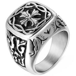 **COI Titanium Black Silver Cross Celtic Ring-9116BB