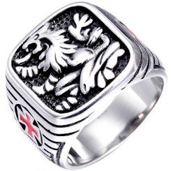 **COI Titanium Black Silver Dragon & Red Cross Ring-9118BB